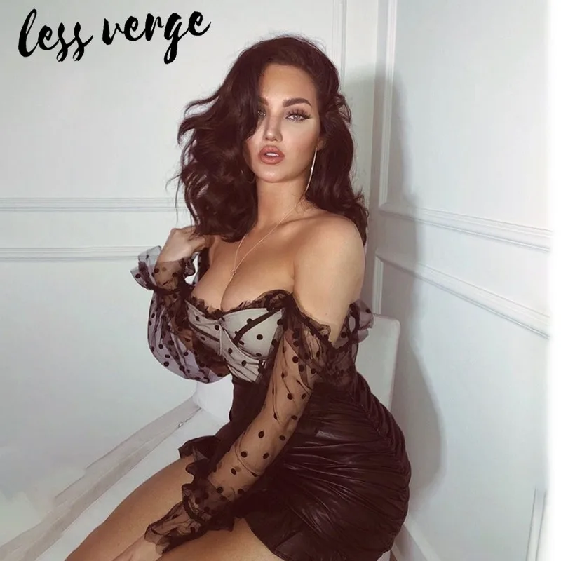 Lessverge в горошек, сетчатая белая блузка, рубашка, Женская Осенняя черная блузка с расклешенными рукавами, укороченный топ, женские сексуальные вечерние рубашки с оборками