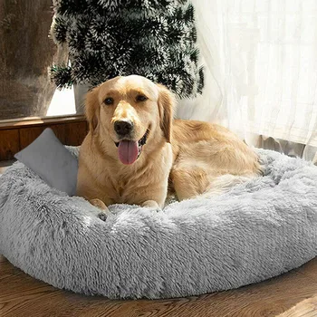 

Solid Color Cozy Pets Shag Donut Cuddler Calming Bed Winter Warm Round Plush Cat Dog Mat Sleeping Bed with Pillow Universal