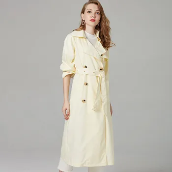 

Elegant Long Trench Coat Women Spring Autumn Fashion Classic Double Breasted High Quality Luxury Brand Coats Light Yellow Female
