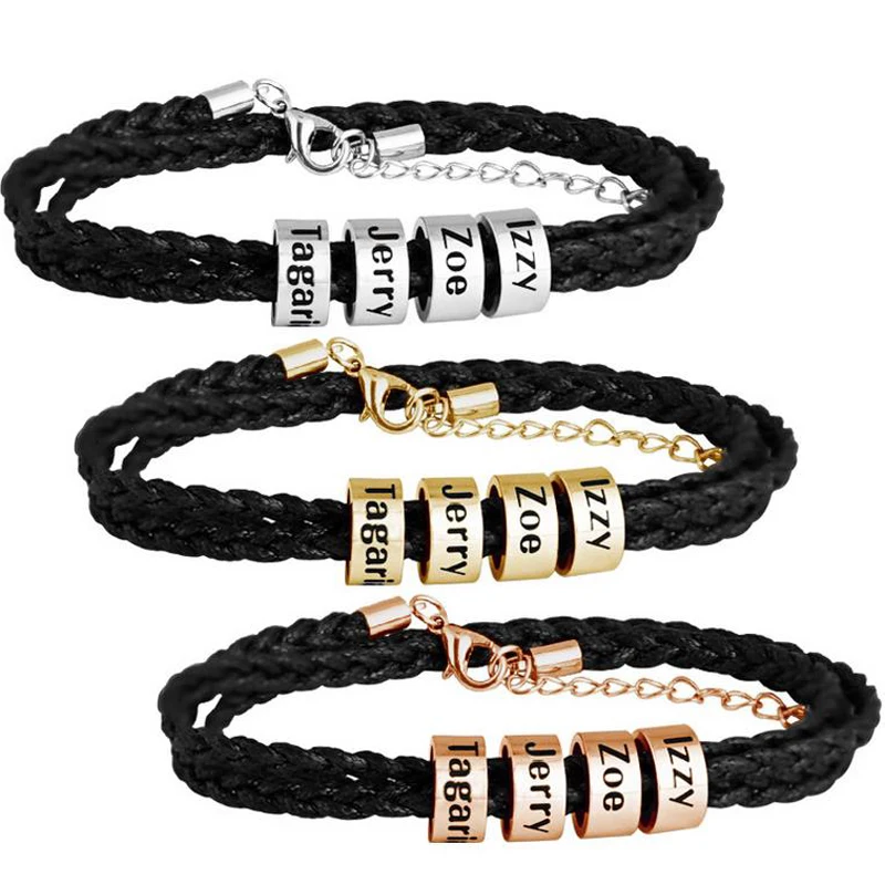 Подарок на год, семейные именные браслеты, несколько слоев плетеной кожаной веревки, титановые Стальные Бусины, пользовательские браслеты и браслеты для мужчин