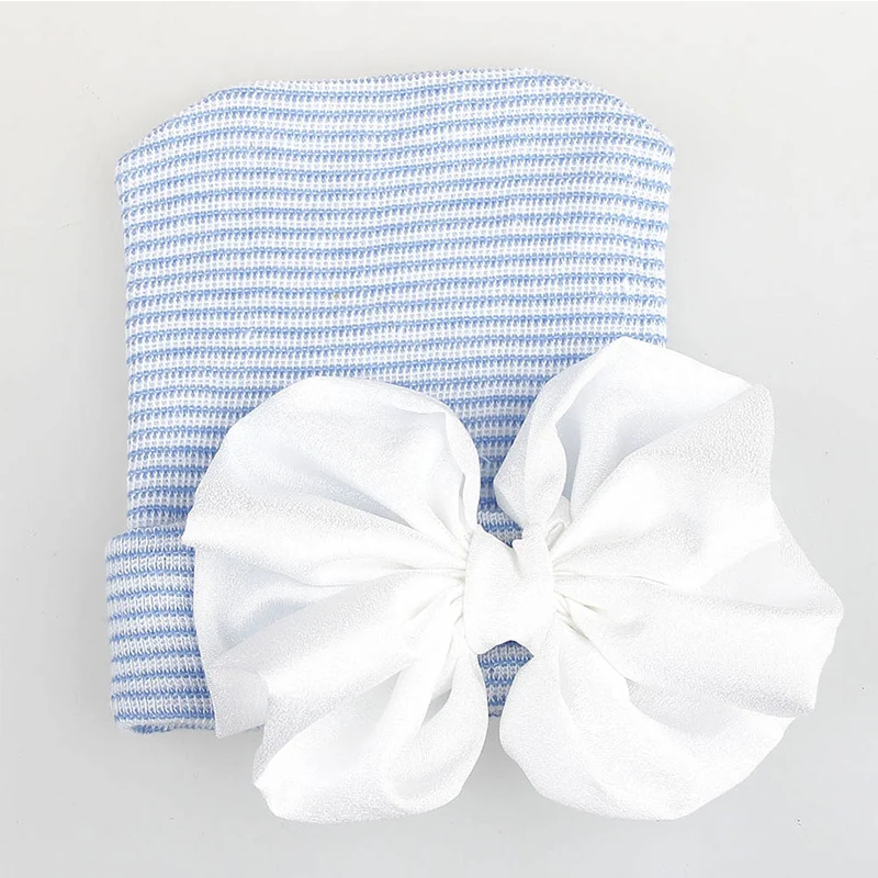 Новорожденная детская шапка для младенцев Детские теплые шапки хлопковые полосатые шапки мягкие больничные розовые белые вязаные шапочки с бантом для новорожденных 0-6 месяцев - Цвет: Blue White