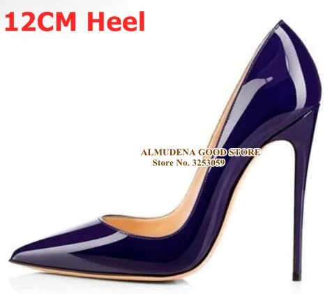 12cm heel dark blue ALMUDENA/фиолетовые туфли-лодочки из лакированной кожи с острым носком свадебные туфли без застежки с закрытым носком 12 см вечерние туфли на высоком каблуке 10 см, 8 см туфли-лодочки, размер 45 - Цвет: 12cm heel dark blue