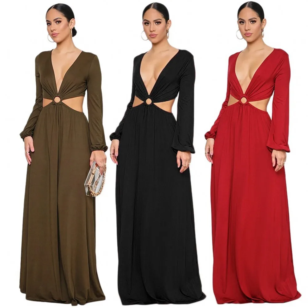 

Long Sleeve Female Chic Hollow Out Sexy Club Party Dress Vestidos Fall Solid Color Casual Temperament Long Women's Dress Robes