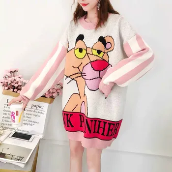 

Sweater Women Plus Size Knitted Cartoon Oversized 3XL Pullovers Pink Panther Leopard Oversized Harajuku Long Sleeve Jumper M009