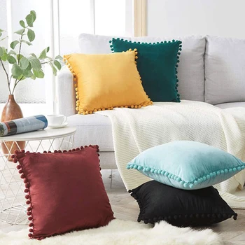 

Wool Ball Decrative Velvet Pillowcases Solid Color Simple Cushion Cover Sofa Car New Pillow Cover Home Decro Pillow Case 45*45cm