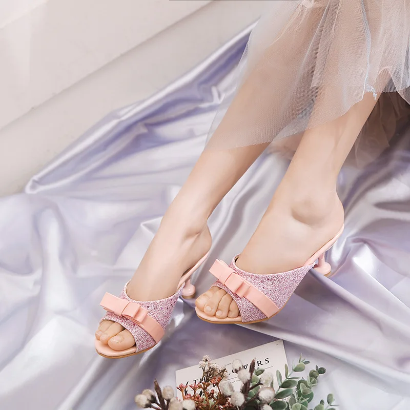 Женские модные туфли на высоком каблуке с открытым носком, украшенные милым бантом, большие размеры 3-16 летние шлепанцы женские туфли-лодочки под платье