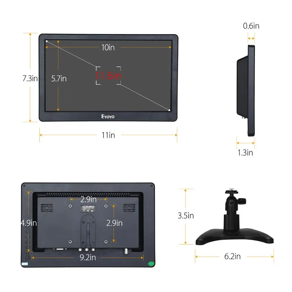 Eyoyo EM12F 12? 1920x1080 FHD IPS Security Monitor LCD Screen with HDMI VGA BNC USB Video Display for TV PC Camera DVD CCTV DVR