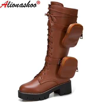 

Aliona Shoo Knee High Boots Women Pocket Bag Belt Buckle Motorcycle Cool Booties Lace Up Platform Thick Sole Shoes Combat Boots
