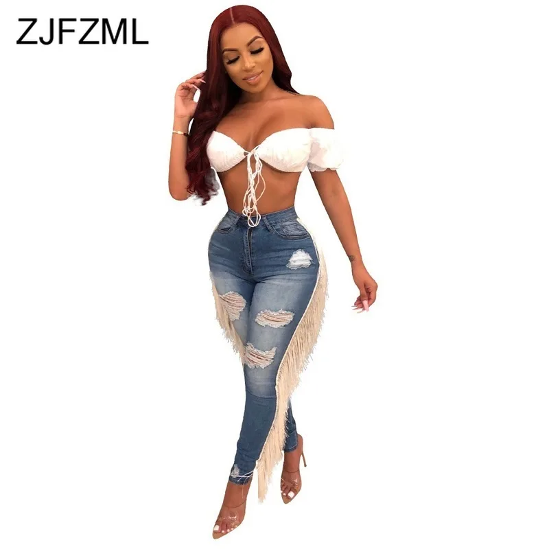 

Tassel Patchwork Washed Denim Pants Women Vintage High Waist Skinny Ripped Jeans Pants Party Club Plus Size Full Length Jeans