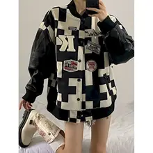

Baseball jacket women black white plaid motorcycle autumn winter cardigan clothes Korean loose couple casual female jackets goth