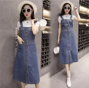 

Springtime Woman Plus Size Denim Dress Korean Style Sleeveless Spaghetti Strap Single-breasted Button Slim Fit Jeans Sundress