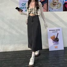 

Split Denim Long Skirts Women 2022 Autumn Winter High Waist Sexy Hipline A-line Jeans Skirt for Young Women Vintage SXHBSQ592