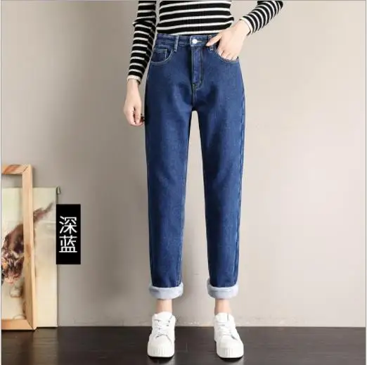 Dark Blue Модные женские джинсы, брюки, зима, высокая талия, толстые вельветовые брюки, прямые женские теплые свободные джинсовые штаны, M232 - Цвет: Dark Blue