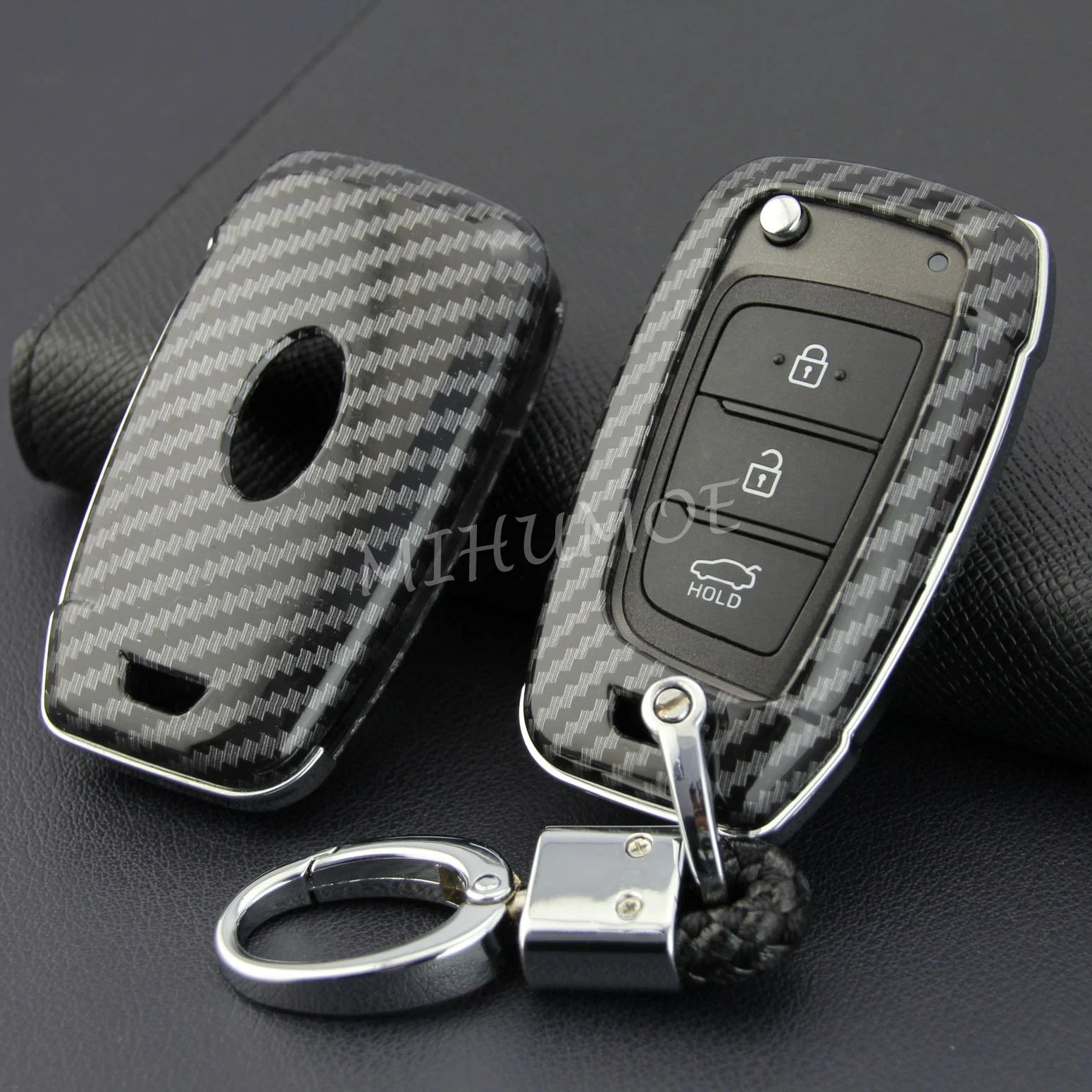

Carbon Fiber Flip Car Key Cover Case Fob Chain Shell For Hyundai Santa Fe Veloster Accent Accessories