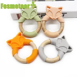 Fosmeteor 1pcs Baby Teether Silicone Animals Wooden Rings Teether Rodents Beech Wood Infant Fox Rings Baby Products Toy Gift