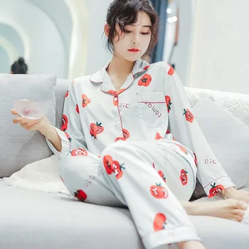 

Women Fruit Print 2PCS Pajamas Suit Autumn New Home Clothes Long Sleeve Shirt&Pant Nightwear Faux Silk Lounge Sleepwear