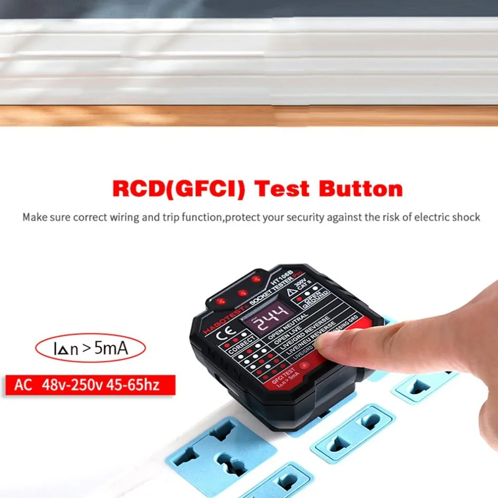 Electric Socket Tester 48-250V Power Socket Automatic Electric Circuit Polarity Voltage Detector Wall Plug Breaker Finder