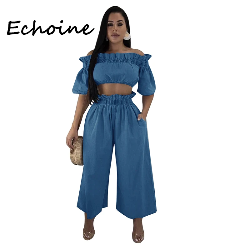 

Echoine Fashion 2 Piece Set Women Tracksuit Women Slash Neck Cowboy Crop Top + Long Wide Pants Outfits Women Clothes 2019
