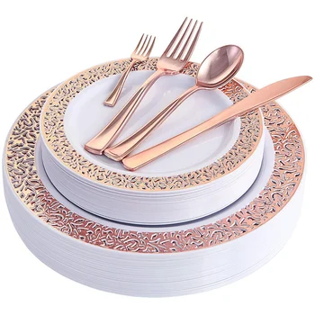 

150PCS Rose Gold Plastic Plate with Disposable Plastic Silverware, Lace Design Plastic Tableware, Including 25 Each (Plate, Sala