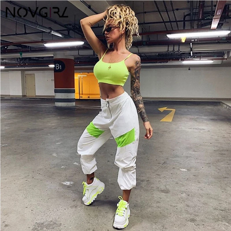 Novgirl/женские брюки-карго на молнии с высокой талией; коллекция года; модные неоновые зеленые мешковатые Джоггеры в стиле пэчворк; брюки для девочек; уличная одежда; свободные брюки
