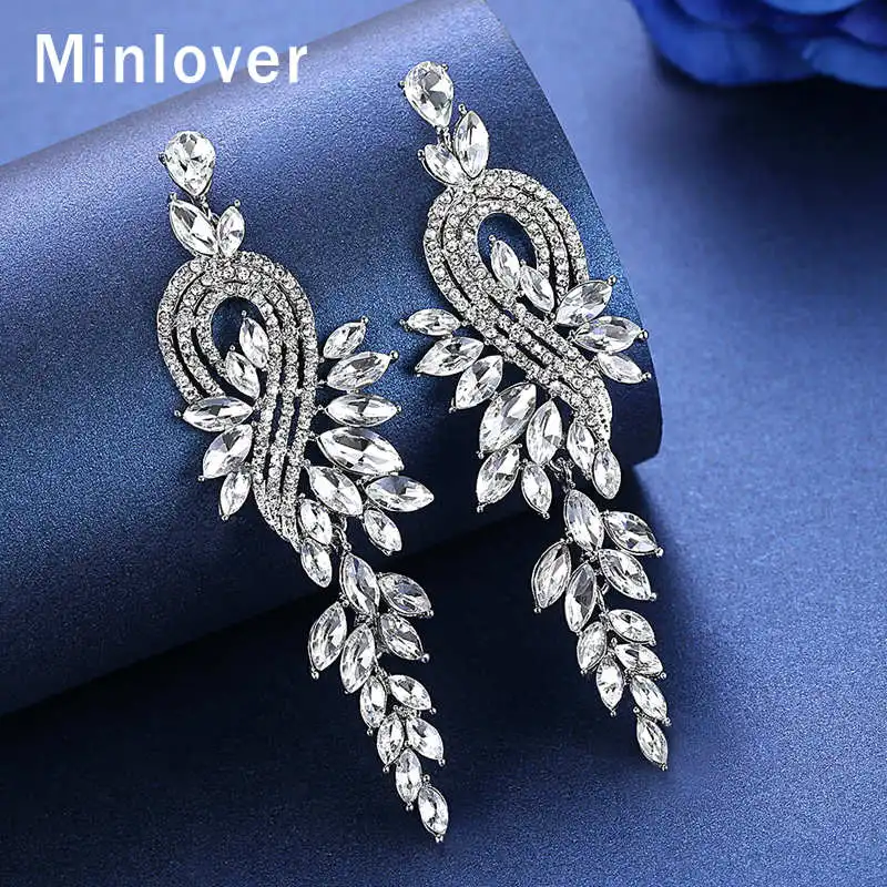 Minlover роскошный лист горный хрусталь длинные висячие серьги без пирсинга для женщин Свадебная вечеринка Выпускной клипсы подарок MEH946