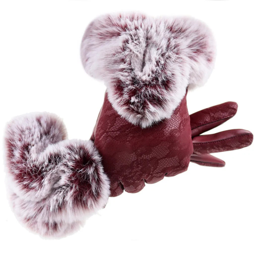 Женские перчатки, сохраняющие тепло, зимние женские бархатные варежки, кружевные перчатки, велосипедные варежки для телефона, кожаные перчатки, рождественские подарки YA