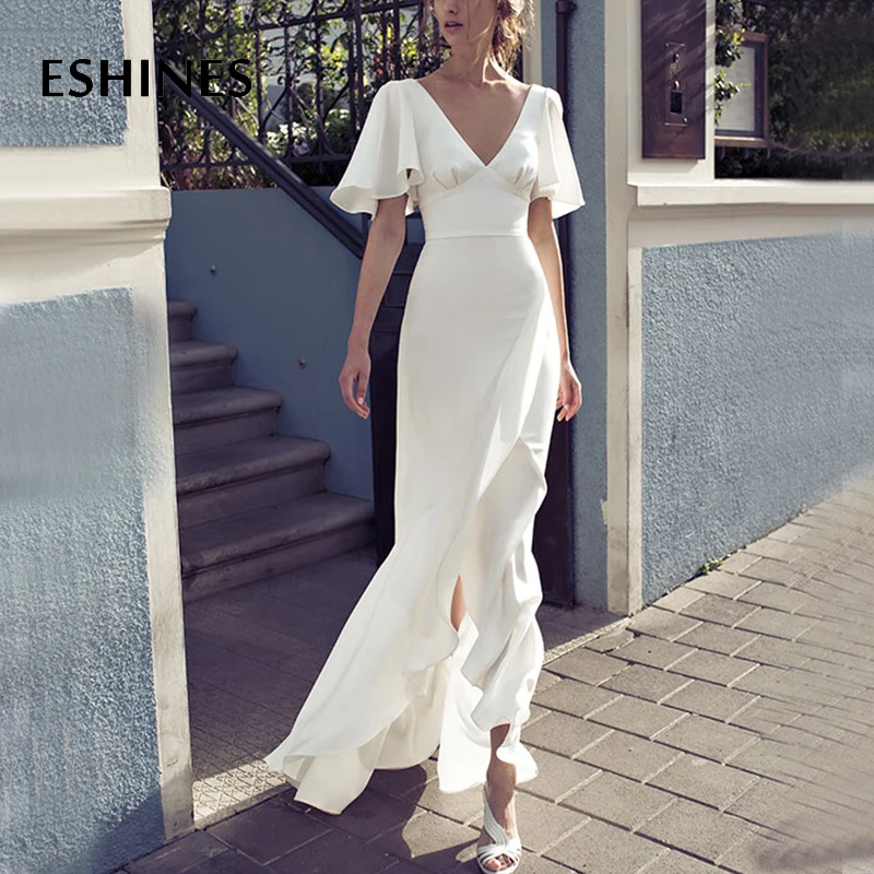 

ESHINES Summer White V-Neck Long Dress Elegant Backless Ruffles Silks and Satins Irregular Dress High End Designer Dress