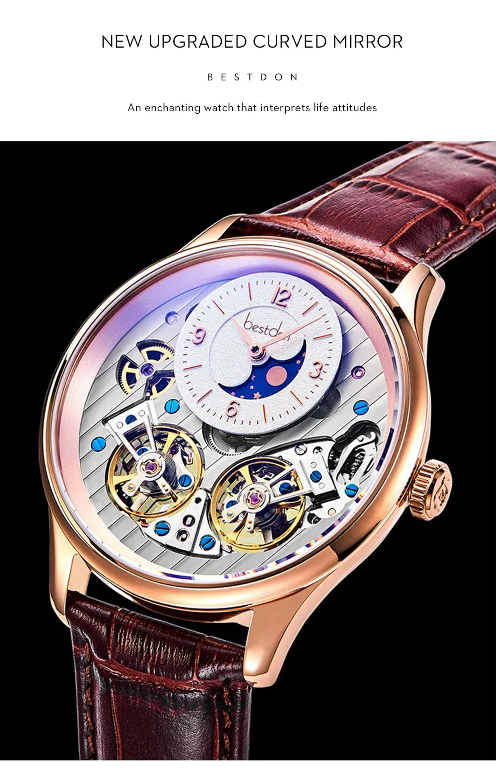 Bestdon Мужские автоматические механические часы с двойным Tourbillon, водонепроницаемые швейцарские часы со скелетом, мужские роскошные Брендовые Часы 7164