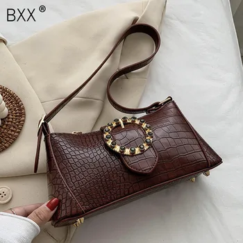 

[BXX] Crocodile Pattern Solid Color PU Leather Crossbody Bags For Women 2020 Summer Elegant Shoulder Handbags and Purses HN201