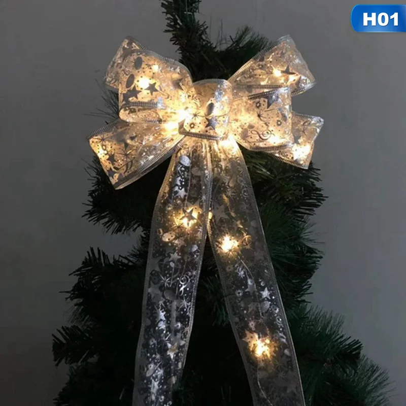 H01 1 шт., серебристый бант с принтом, светодиодный, рождественские банты, светящийся бант, рождественский подарок, украшение банта, Рождественский реквизит - Цвет: H01