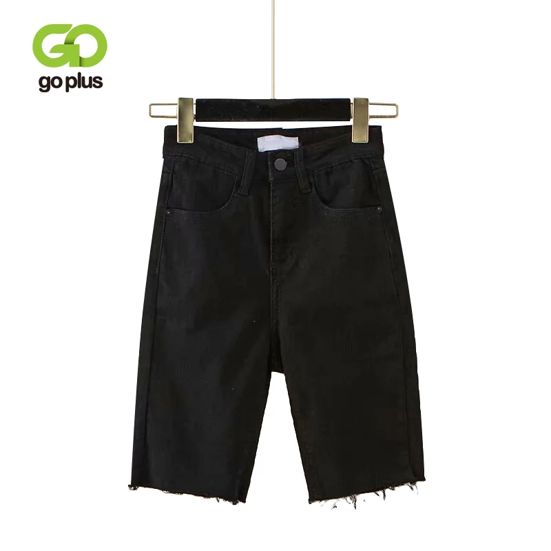

GOPLUS High Waist Jeans Plus Size Knee Length Skinny Denim Summer Mom Women's Tassel Black Jeans 2019 Short Fringe Denim Jeans