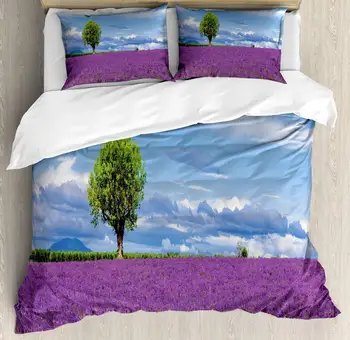 

Scenic Summer Duvet Cover Set Lavender Field with a Tree and Sky 3 Piece Bedding Set Violet Azure Blue Pale Ceil Blue Olive Gree