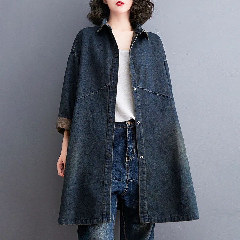 

Women Demin Coat Fashion Long Trench Outwear Spring and Autumn New Design Jean Jacket