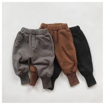 

Kids Threaded Ankle Banded Trousers Boys Girls Thicken Velvet Pants Keep Warm Children Autumn Winter High Elastic Waist Bottoms