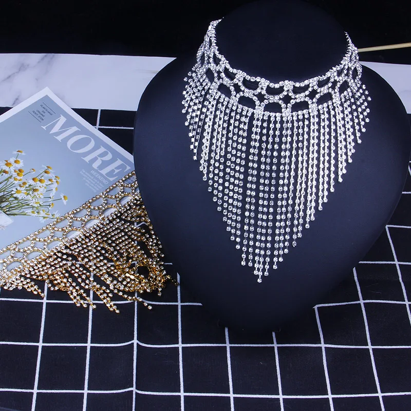 

StoneFans Winter Party Statement Necklace 2019 Big Necklaces Bib Jewelry Rhinestone Long Tassel Necklace for Women (Silver,Gold 3 styles choosed)