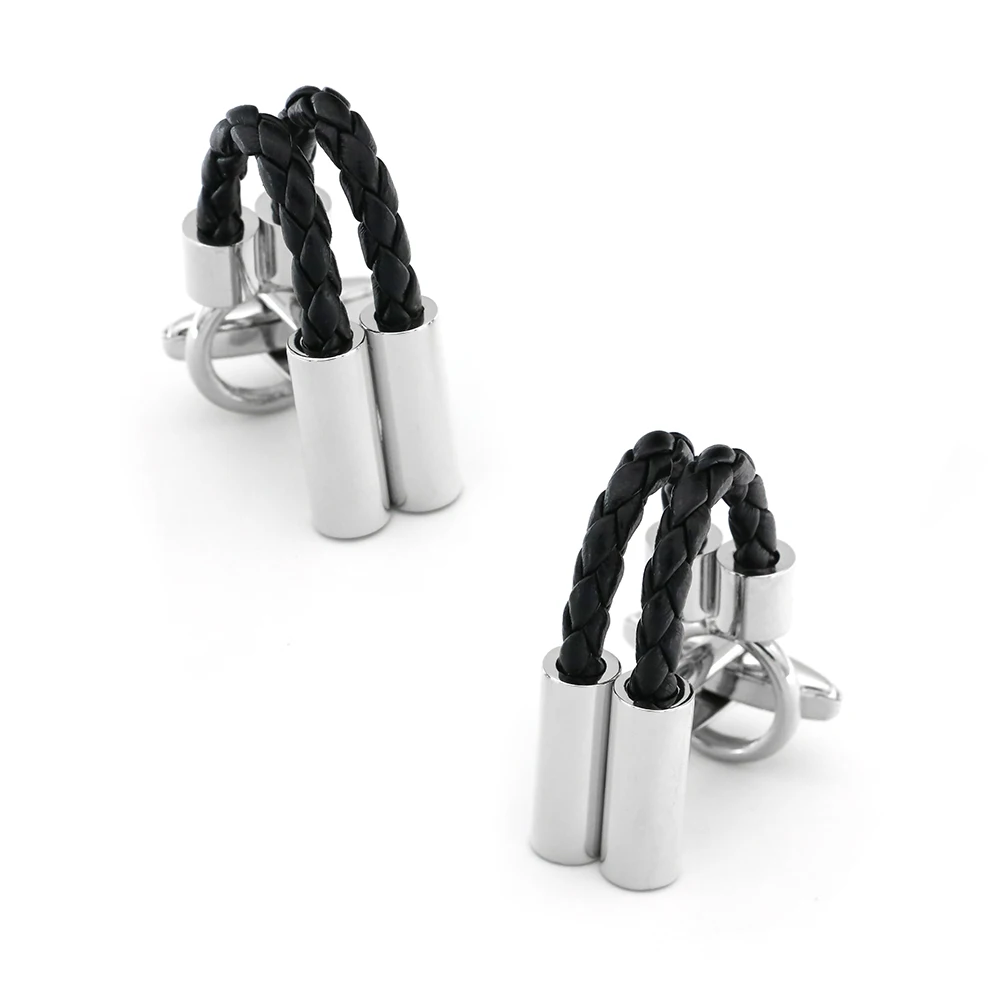 Men's Rope String Cufflinks Quality Brass Material Black Color Leather