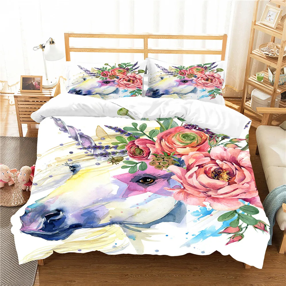 

Double Quilt Bedding Coverlet Unicorn Pattern Duvet Cover Set Home Textiles King Queen Single Size Bed Linens with Pillowcases