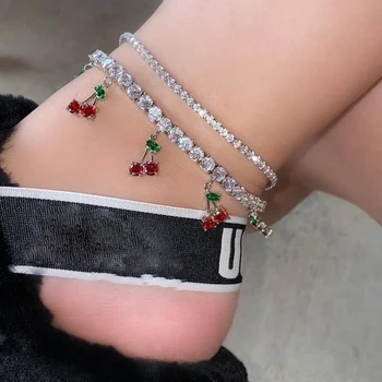 

New Iced Out 5MM CZ Tennis Chain Fruit Cherry Anklet Red AAA CZ Cherry Charm Gold Silver Color Anklets Women Fashion jewelry