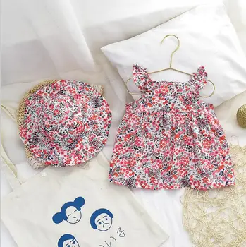 

2020 baby girls printed dress with hat summer fashion cotton girls dresses 0-4 years HO882