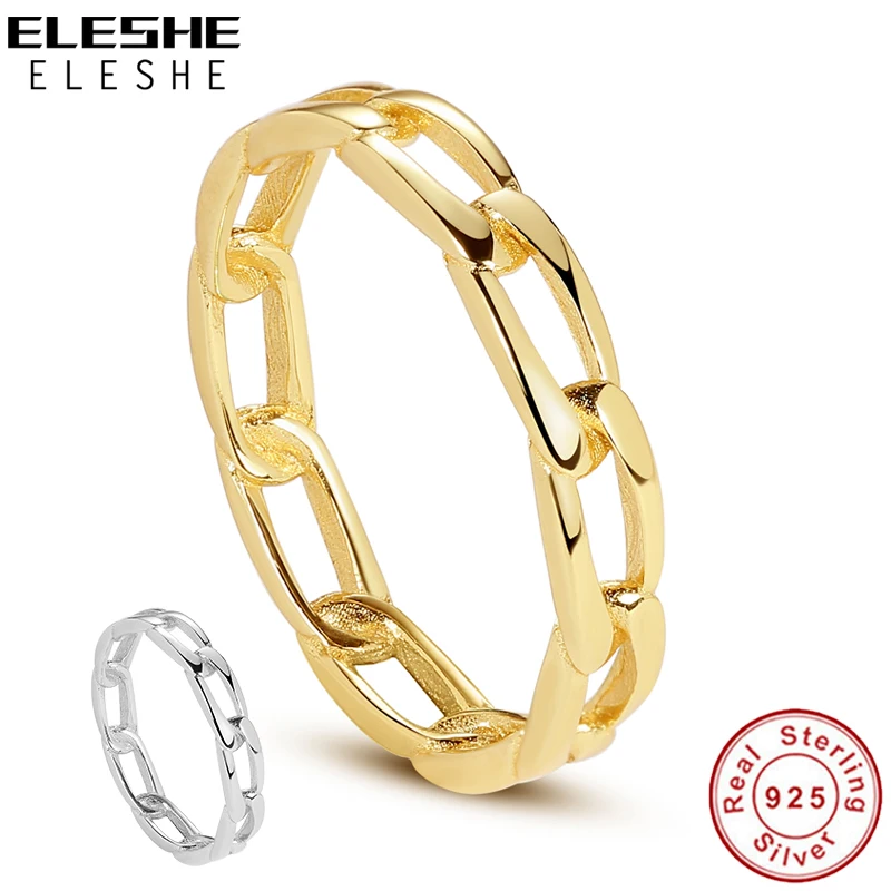 Подлинный ELESHE 925 пробы серебряные кольца 18K позолоченные массивные с цепочкой