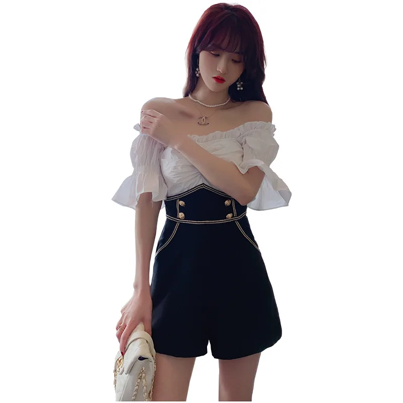 2020 summer new sexy Jumpsuit one shoulder black and white high waist show thin Jumpsuit hot pants Jumpsuit