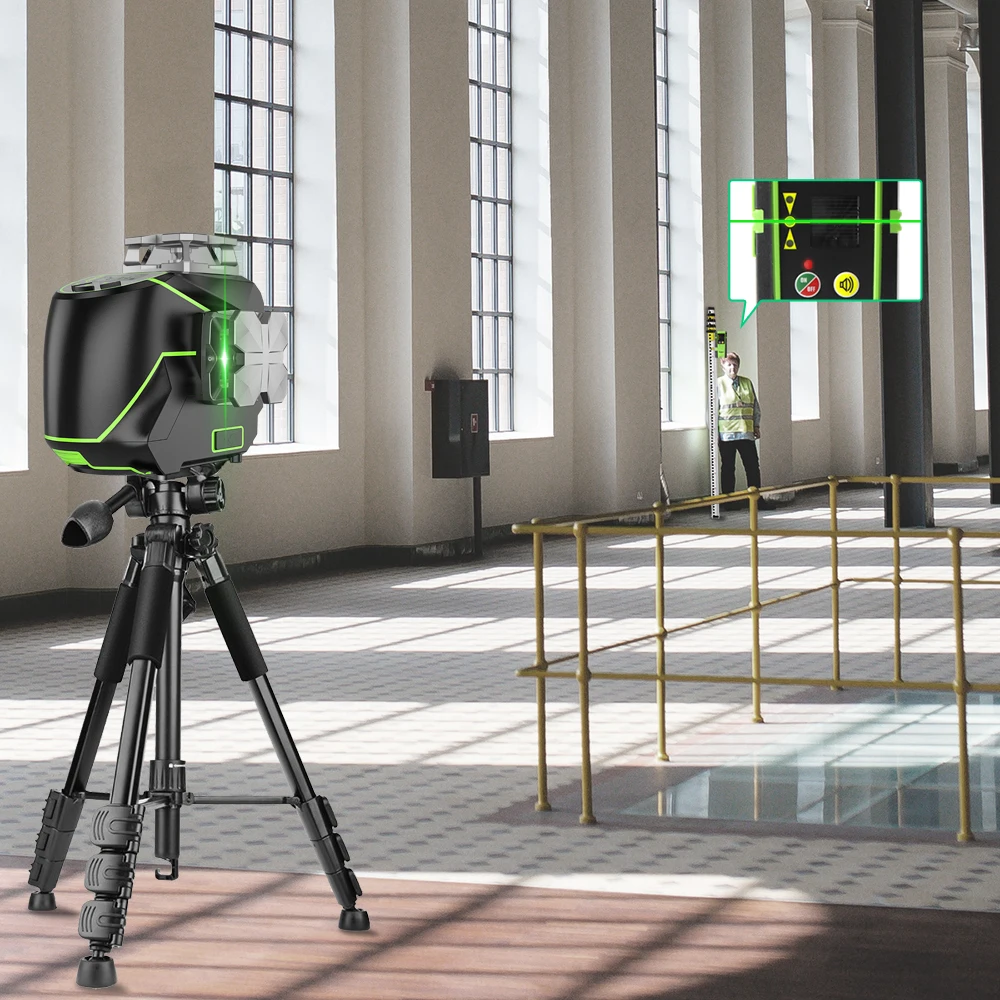 Huepar 3D LCD Display Cross Line Laser Level 12 Lines Green Beam Bluetooth & Remote Control Functions S03CG With Hard Carry Case