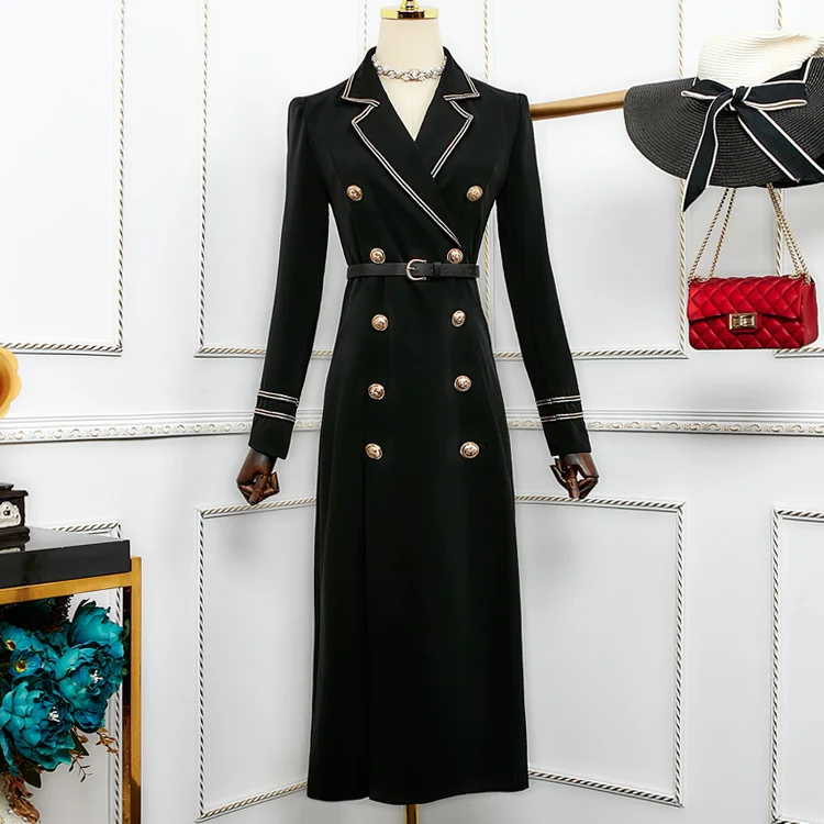 

Long Trench Coat Women New Autumn Celebrities Suit Collar Double-breasted Slim Belt Waist Slit Trench Dress Lady's Windbreaker