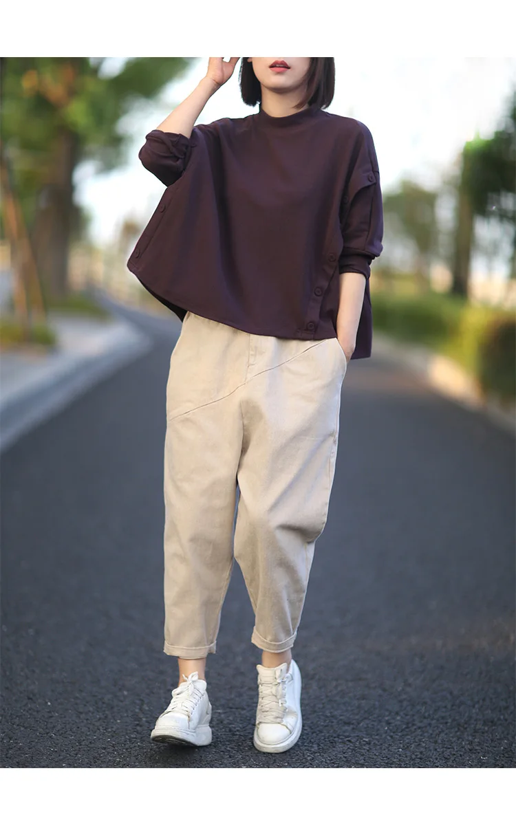 Autumn Korean Solid Color Button Long Sleeve All-match Pullover Sweatshirt New Loose Comfortable Women Retro Top