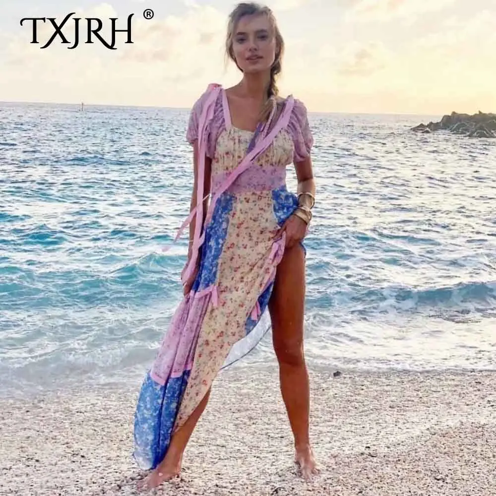 

TXJRH Bohemian Short Puff Sleeve Contrast Color Floral Patchwork Long Ribbons Square Neck Ruched Front High Waist Long Dress