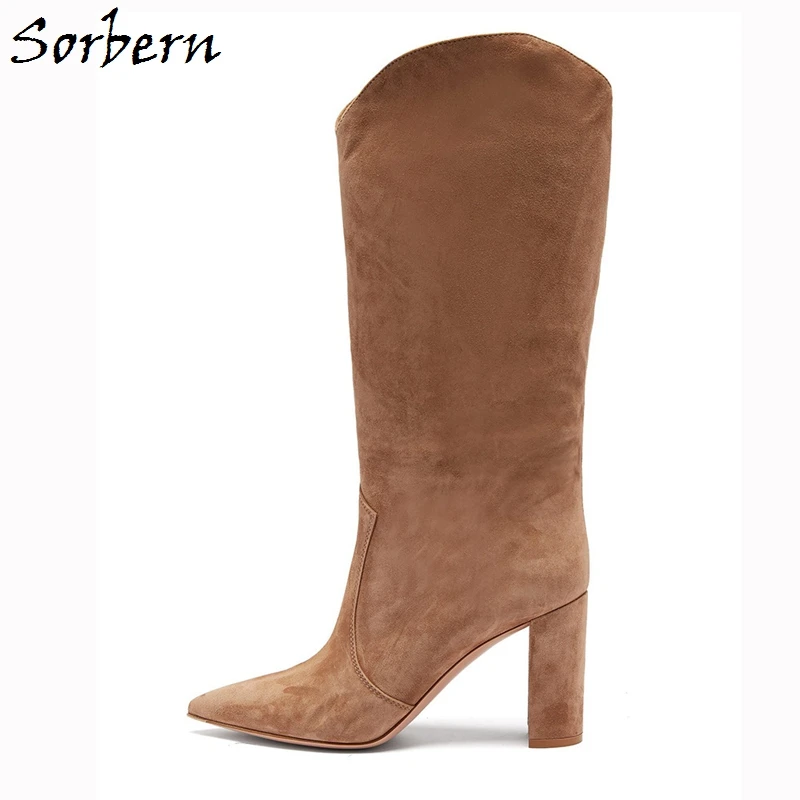 Camel Sorbern; коллекция года; Botas De Mujer; сапоги до колена на квадратном каблуке с острым носком размера плюс; замшевые Модные женские вечерние сапоги - Цвет: Camel