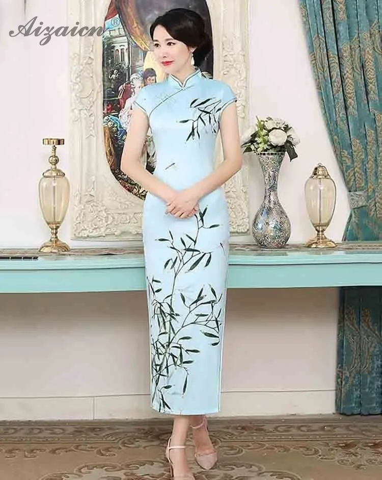 Синий Чонсам с цветами современный Femme элегантный тонкий длинный Qi Pao для женщин Китайская традиционная одежда платье Qipao аналогичный