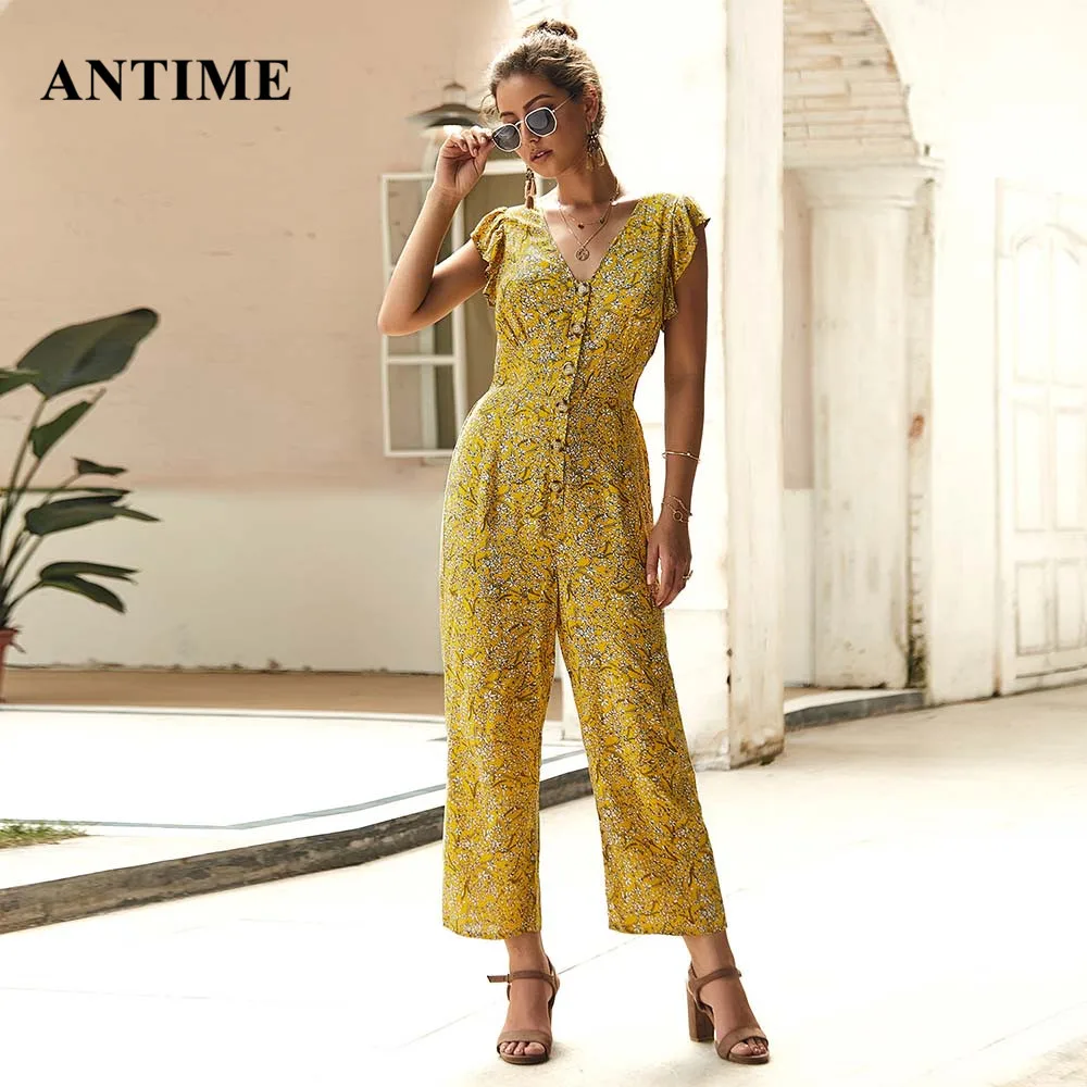 

Antime Chiffon Floral Print Jumpsuits Women Casual V Neck Wide Leg Rompers Pants Straight Summer 2019 Bohemian Button Jumpsuit