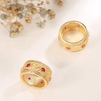 Kinel New Fashion Dubai 585 Gold Ring for Women Double Row Micro wax Inlay Natural