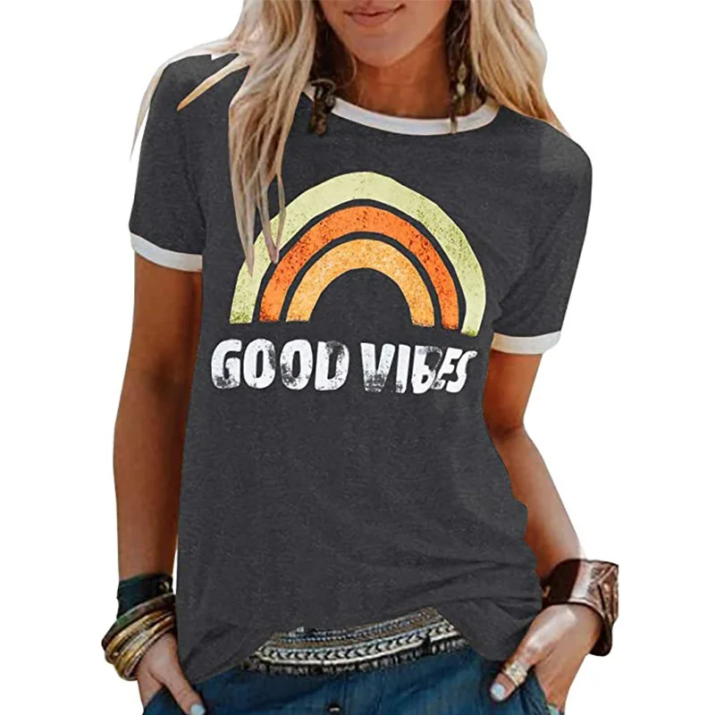 GOOD VIBES Rainbow Print T shirt For 